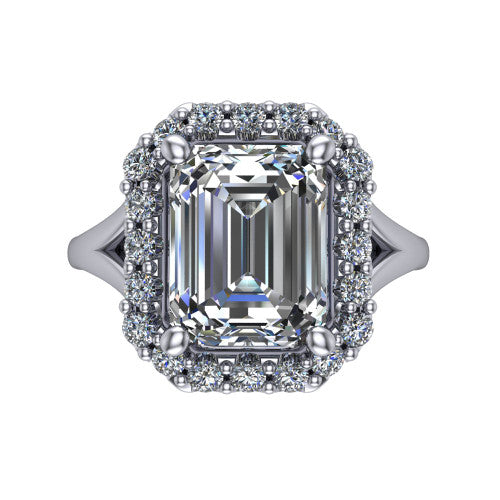 Seraphina emerald halo engagement ring in 18K White Gold, top-down view showing the center diamond framed by a pav&eacute; halo where the split shank meets the head