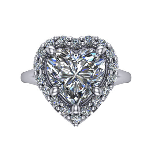 Seraphina heart halo engagement ring in 18K White Gold, top-down view showing the center diamond framed by a pav&eacute; halo where the split shank meets the head