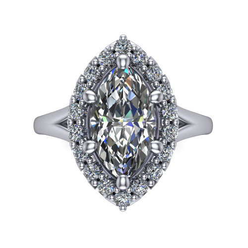 Seraphina marquise halo engagement ring in 18K White Gold, top-down view showing the center diamond framed by a pav&eacute; halo where the split shank meets the head