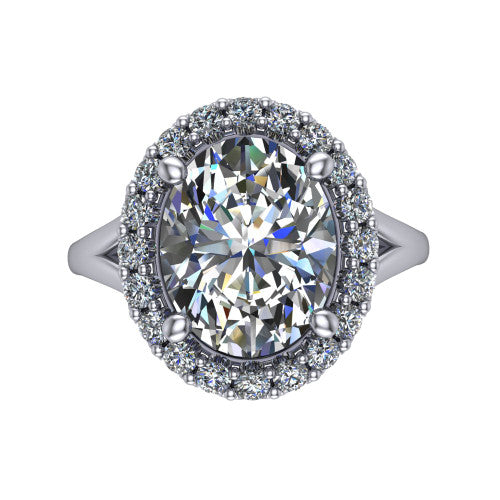 Seraphina oval halo engagement ring in Platinum, top-down view showing the center diamond framed by a pav&eacute; halo where the split shank meets the head