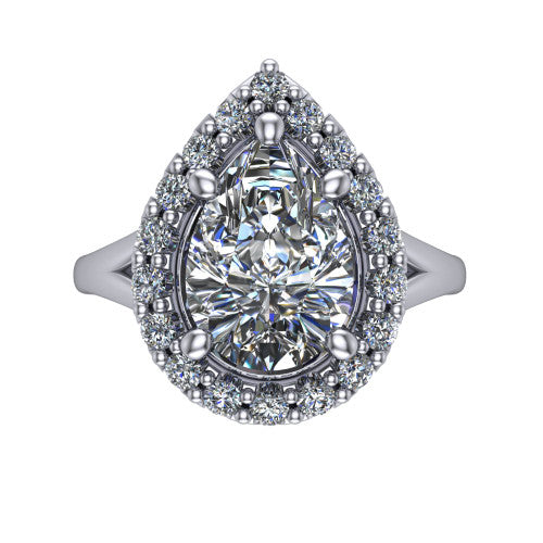 Seraphina pear halo engagement ring in Platinum, top-down view showing the center diamond framed by a pav&eacute; halo where the split shank meets the head