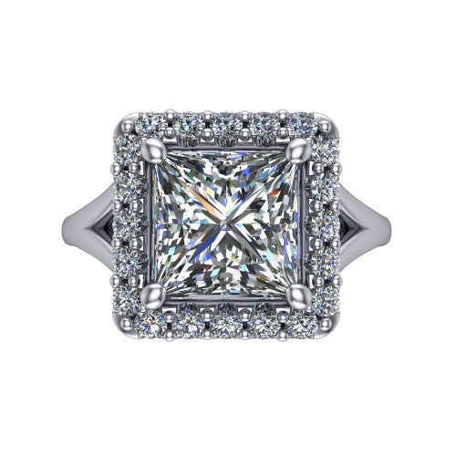Seraphina princess halo engagement ring in 18K White Gold, top-down view showing the center diamond framed by a pav&eacute; halo where the split shank meets the head