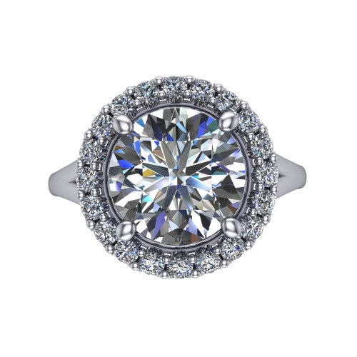 Seraphina round halo engagement ring in 14K White Gold, top-down view showing the center diamond framed by a pav&eacute; halo where the split shank meets the head