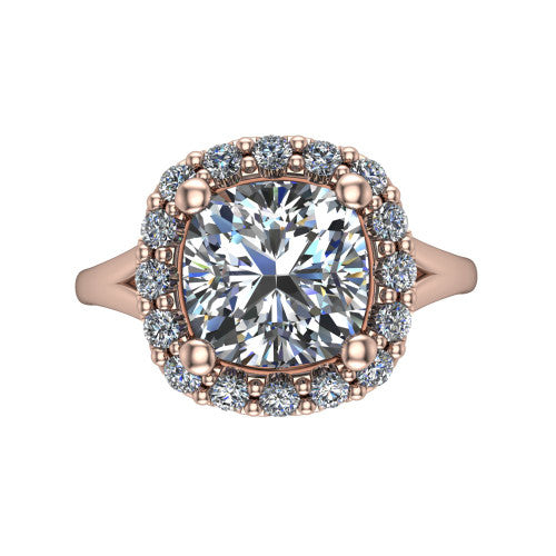 Seraphina cushion halo engagement ring in 18K Rose Gold, top-down view showing the center diamond framed by a pav&eacute; halo where the split shank meets the head
