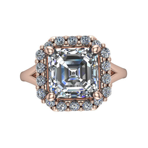 Seraphina asscher halo engagement ring in 14K Rose Gold, top-down view showing the center diamond framed by a pav&eacute; halo where the split shank meets the head