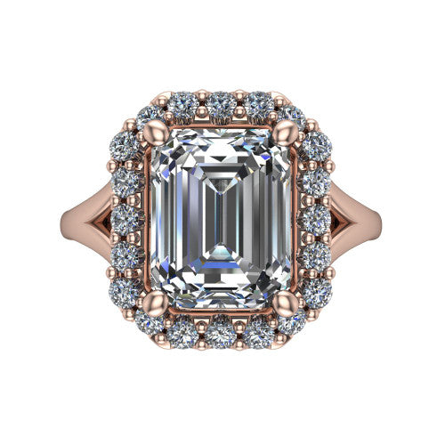 Seraphina emerald halo engagement ring in 14K Rose Gold, top-down view showing the center diamond framed by a pav&eacute; halo where the split shank meets the head
