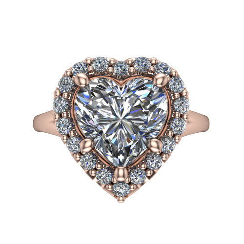 Seraphina heart halo engagement ring in 18K Rose Gold, top-down view showing the center diamond framed by a pav&eacute; halo where the split shank meets the head