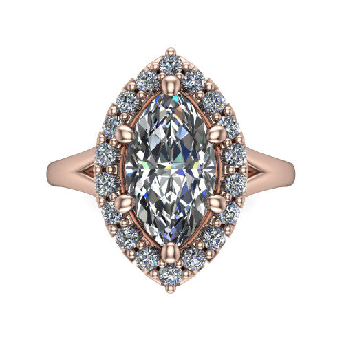 Seraphina marquise halo engagement ring in 18K Rose Gold, top-down view showing the center diamond framed by a pav&eacute; halo where the split shank meets the head