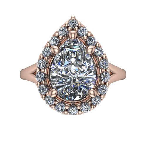 Seraphina pear halo engagement ring in 18K Rose Gold, top-down view showing the center diamond framed by a pav&eacute; halo where the split shank meets the head