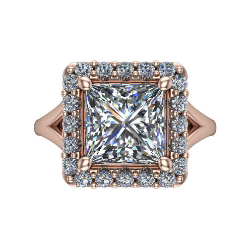 Seraphina princess halo engagement ring in 14K Rose Gold, top-down view showing the center diamond framed by a pav&eacute; halo where the split shank meets the head