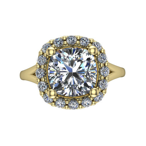 Seraphina cushion halo engagement ring in 18K Yellow Gold, top-down view showing the center diamond framed by a pav&eacute; halo where the split shank meets the head
