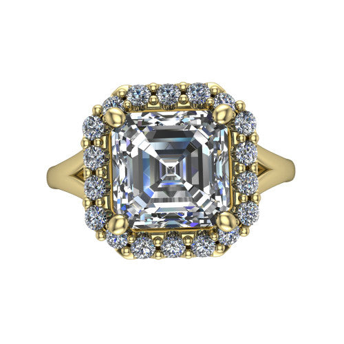 Seraphina asscher halo engagement ring in 14K Yellow Gold, top-down view showing the center diamond framed by a pav&eacute; halo where the split shank meets the head