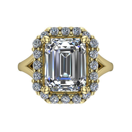 Seraphina emerald halo engagement ring in 18K Yellow Gold, top-down view showing the center diamond framed by a pav&eacute; halo where the split shank meets the head