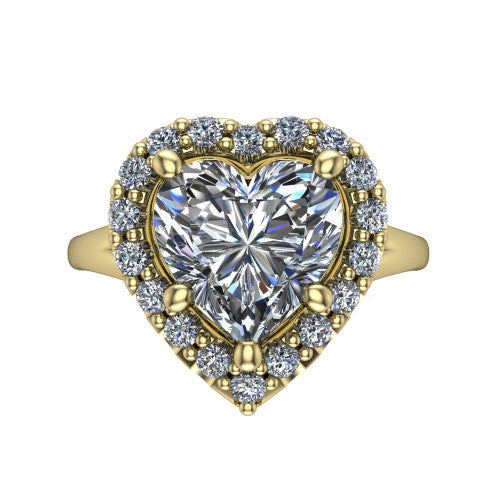 Seraphina heart halo engagement ring in 14K Yellow Gold, top-down view showing the center diamond framed by a pav&eacute; halo where the split shank meets the head