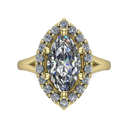 Seraphina marquise halo engagement ring in 18K Yellow Gold, top-down view showing the center diamond framed by a pav&eacute; halo where the split shank meets the head