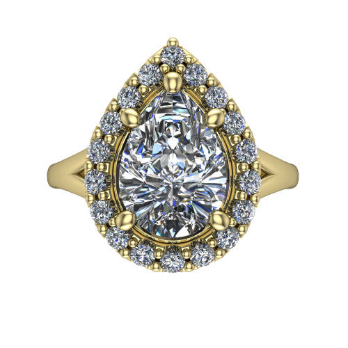 Seraphina pear halo engagement ring in 18K Yellow Gold, top-down view showing the center diamond framed by a pav&eacute; halo where the split shank meets the head