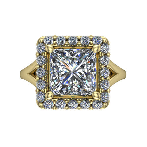 Seraphina princess halo engagement ring in 18K Yellow Gold, top-down view showing the center diamond framed by a pav&eacute; halo where the split shank meets the head