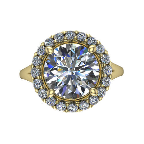 Seraphina round halo engagement ring in 18K Yellow Gold, top-down view showing the center diamond framed by a pav&eacute; halo where the split shank meets the head