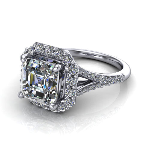 Sadie asscher halo engagement ring in 18K White Gold, three-quarter perspective showing the milgrain-edged haloed center raised above a pav&eacute; split shank