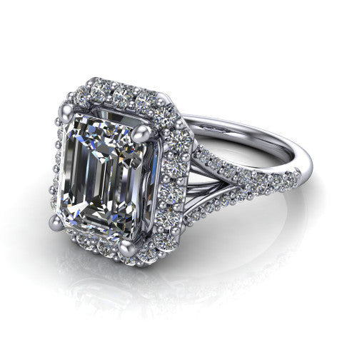 Sadie emerald halo engagement ring in 14K White Gold, three-quarter perspective showing the milgrain-edged haloed center raised above a pav&eacute; split shank