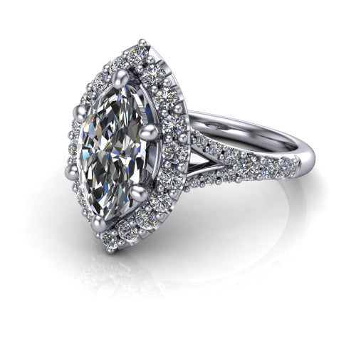 Sadie marquise halo engagement ring in Platinum, three-quarter perspective showing the milgrain-edged haloed center raised above a pav&eacute; split shank