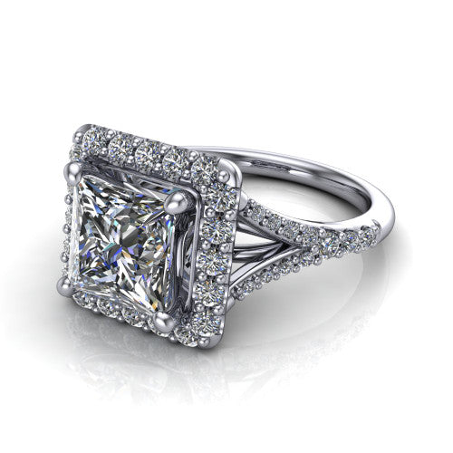 Sadie princess halo engagement ring in Platinum, three-quarter perspective showing the milgrain-edged haloed center raised above a pav&eacute; split shank