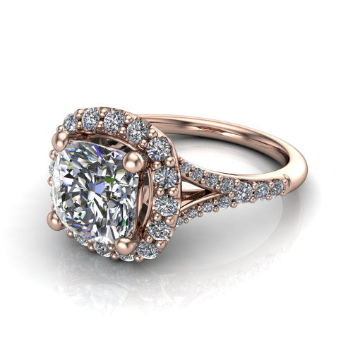 Sadie cushion halo engagement ring in 18K Rose Gold, three-quarter perspective showing the milgrain-edged haloed center raised above a pav&eacute; split shank
