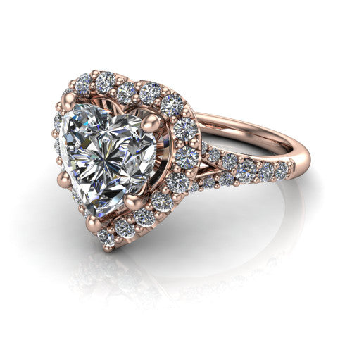 Sadie heart halo engagement ring in 18K Rose Gold, three-quarter perspective showing the milgrain-edged haloed center raised above a pav&eacute; split shank