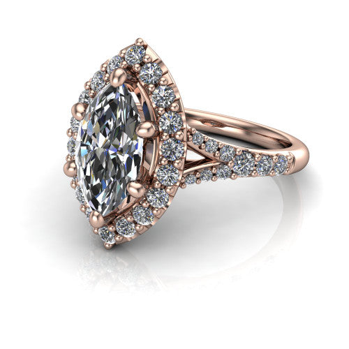 Sadie marquise halo engagement ring in 14K Rose Gold, three-quarter perspective showing the milgrain-edged haloed center raised above a pav&eacute; split shank