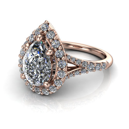 Sadie pear halo engagement ring in 18K Rose Gold, three-quarter perspective showing the milgrain-edged haloed center raised above a pav&eacute; split shank