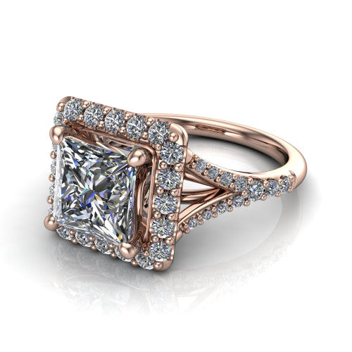 Sadie princess halo engagement ring in 14K Rose Gold, three-quarter perspective showing the milgrain-edged haloed center raised above a pav&eacute; split shank