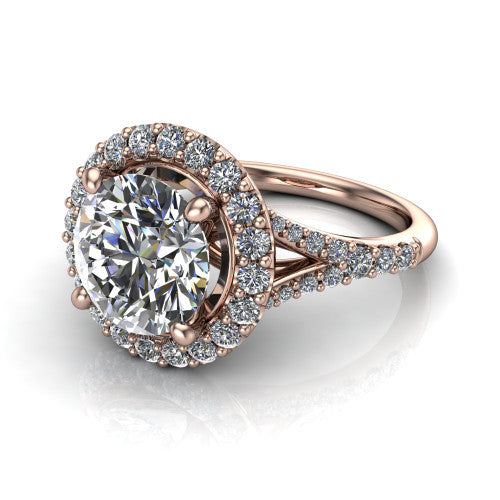 Sadie round halo engagement ring in 18K Rose Gold, three-quarter perspective showing the milgrain-edged haloed center raised above a pav&eacute; split shank