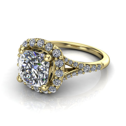 Sadie cushion halo engagement ring in 18K Yellow Gold, three-quarter perspective showing the milgrain-edged haloed center raised above a pav&eacute; split shank
