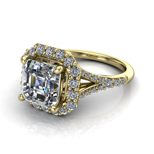 Sadie asscher halo engagement ring in 14K Yellow Gold, three-quarter perspective showing the milgrain-edged haloed center raised above a pav&eacute; split shank