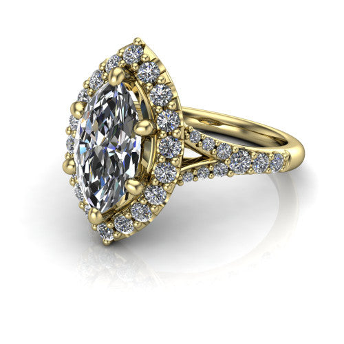 Sadie marquise halo engagement ring in 18K Yellow Gold, three-quarter perspective showing the milgrain-edged haloed center raised above a pav&eacute; split shank