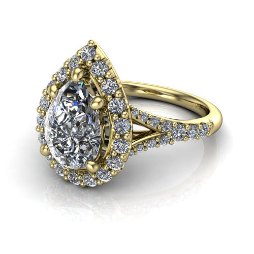 Sadie pear halo engagement ring in 14K Yellow Gold, three-quarter perspective showing the milgrain-edged haloed center raised above a pav&eacute; split shank