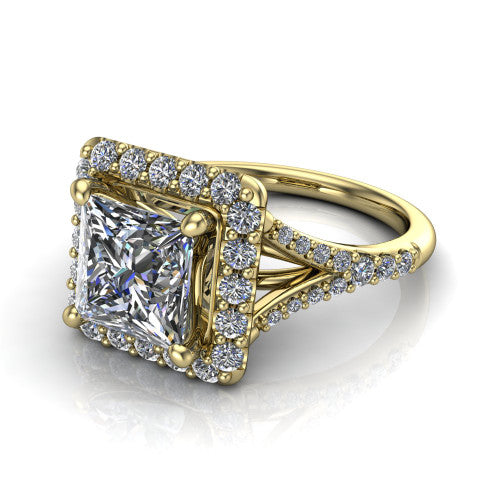 Sadie princess halo engagement ring in 18K Yellow Gold, three-quarter perspective showing the milgrain-edged haloed center raised above a pav&eacute; split shank