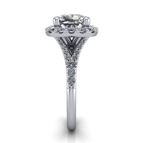 Sadie cushion halo engagement ring in 18K White Gold, side profile showing the pav&eacute; split shank dividing into two diamond-lined rails beneath the milgrain halo