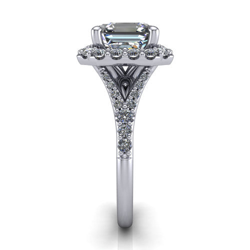 Sadie asscher halo engagement ring in Platinum, side profile showing the pav&eacute; split shank dividing into two diamond-lined rails beneath the milgrain halo