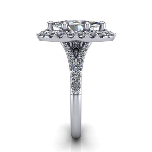 Sadie marquise halo engagement ring in 14K White Gold, side profile showing the pav&eacute; split shank dividing into two diamond-lined rails beneath the milgrain halo