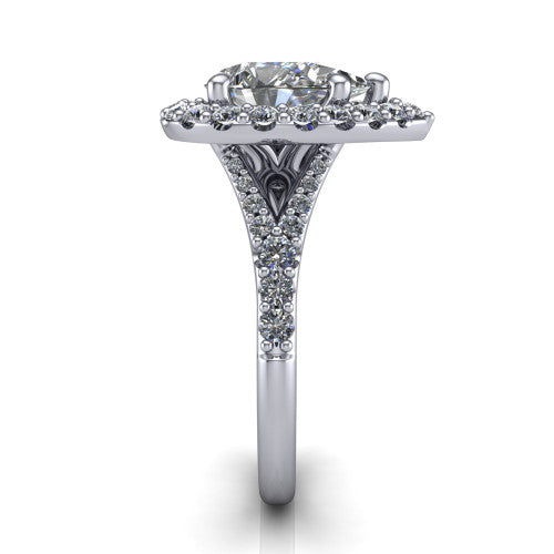 Sadie pear halo engagement ring in 18K White Gold, side profile showing the pav&eacute; split shank dividing into two diamond-lined rails beneath the milgrain halo