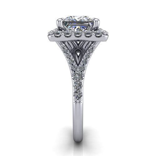 Sadie princess halo engagement ring in 14K White Gold, side profile showing the pav&eacute; split shank dividing into two diamond-lined rails beneath the milgrain halo