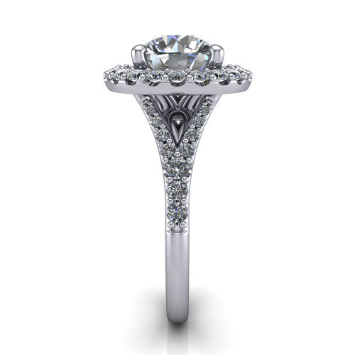 Sadie round halo engagement ring in 14K White Gold, side profile showing the pav&eacute; split shank dividing into two diamond-lined rails beneath the milgrain halo