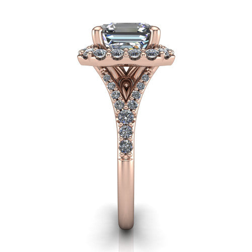 Sadie asscher halo engagement ring in 18K Rose Gold, side profile showing the pav&eacute; split shank dividing into two diamond-lined rails beneath the milgrain halo