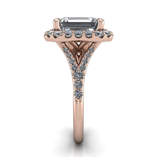 Sadie emerald halo engagement ring in 18K Rose Gold, side profile showing the pav&eacute; split shank dividing into two diamond-lined rails beneath the milgrain halo