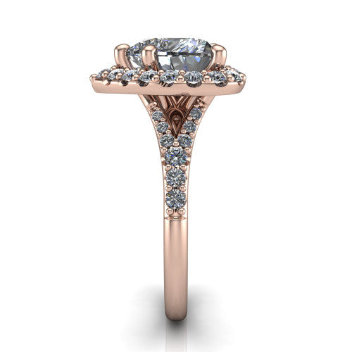 Sadie heart halo engagement ring in 14K Rose Gold, side profile showing the pav&eacute; split shank dividing into two diamond-lined rails beneath the milgrain halo