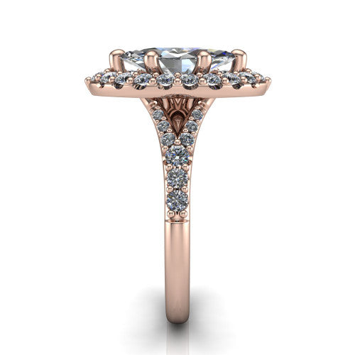 Sadie marquise halo engagement ring in 18K Rose Gold, side profile showing the pav&eacute; split shank dividing into two diamond-lined rails beneath the milgrain halo