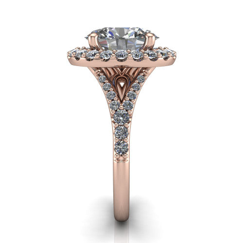 Sadie oval halo engagement ring in 18K Rose Gold, side profile showing the pav&eacute; split shank dividing into two diamond-lined rails beneath the milgrain halo