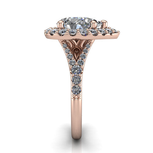 Sadie pear halo engagement ring in 18K Rose Gold, side profile showing the pav&eacute; split shank dividing into two diamond-lined rails beneath the milgrain halo