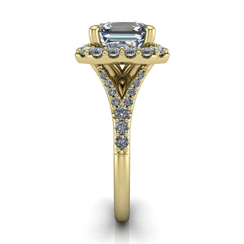 Sadie asscher halo engagement ring in 18K Yellow Gold, side profile showing the pav&eacute; split shank dividing into two diamond-lined rails beneath the milgrain halo